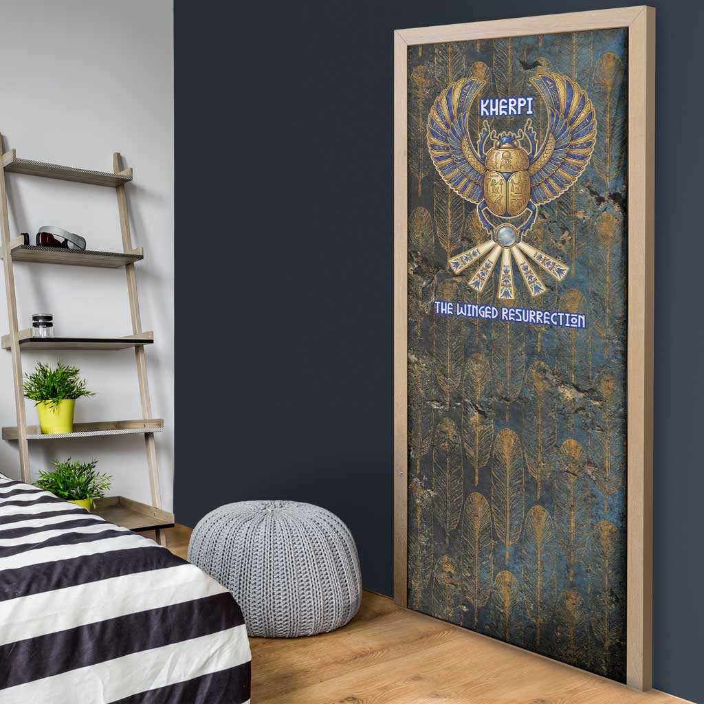 Khepri Ancient Egyptian Door Cover Dark Hieroglyphic, Blue Lotus Eye Symbol, and Winged Scarab Resurrection - African Pride