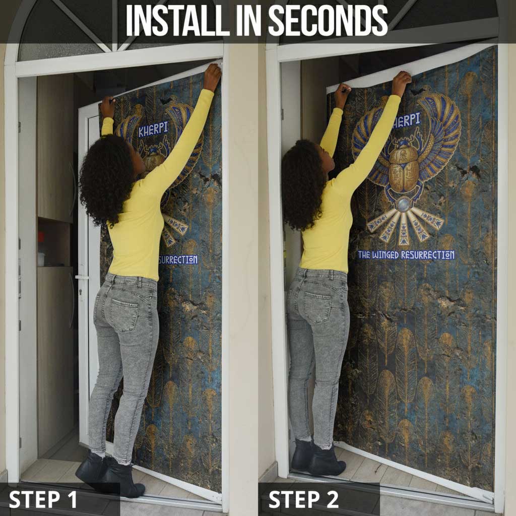 Khepri Ancient Egyptian Door Cover Dark Hieroglyphic, Blue Lotus Eye Symbol, and Winged Scarab Resurrection - African Pride