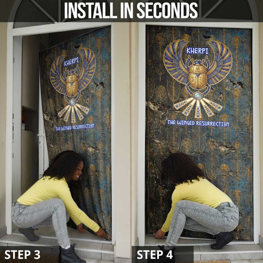Khepri Ancient Egyptian Door Cover Dark Hieroglyphic, Blue Lotus Eye Symbol, and Winged Scarab Resurrection - African Pride
