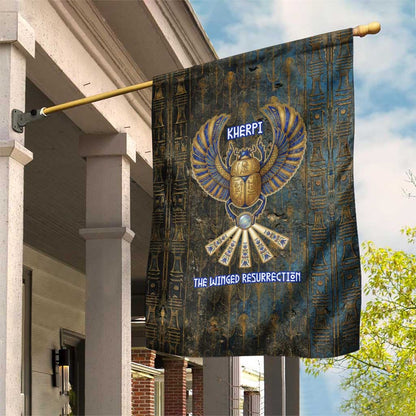 Khepri Ancient Egyptian Garden Flag Dark Hieroglyphic, Blue Lotus Eye Symbol, and Winged Scarab Resurrection - African Pride
