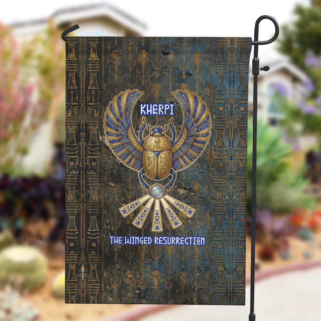 Khepri Ancient Egyptian Garden Flag Dark Hieroglyphic, Blue Lotus Eye Symbol, and Winged Scarab Resurrection - African Pride