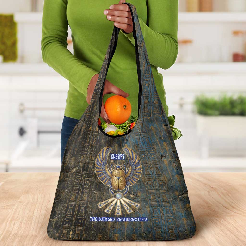 Khepri Ancient Egyptian Grocery Bag Dark Hieroglyphic, Blue Lotus Eye Symbol, and Winged Scarab Resurrection - African Pride