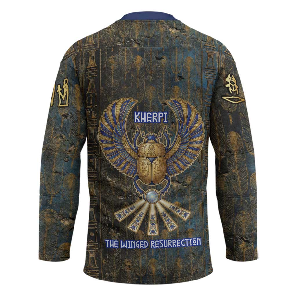 Khepri Ancient Egyptian Hockey Jersey Dark Hieroglyphic, Blue Lotus Eye Symbol, and Winged Scarab Resurrection - African Pride
