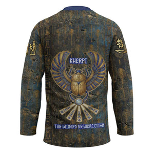 Khepri Ancient Egyptian Hockey Jersey Dark Hieroglyphic, Blue Lotus Eye Symbol, and Winged Scarab Resurrection - African Pride