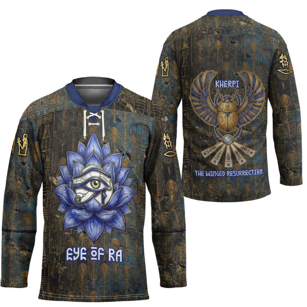 Khepri Ancient Egyptian Hockey Jersey Dark Hieroglyphic, Blue Lotus Eye Symbol, and Winged Scarab Resurrection - African Pride