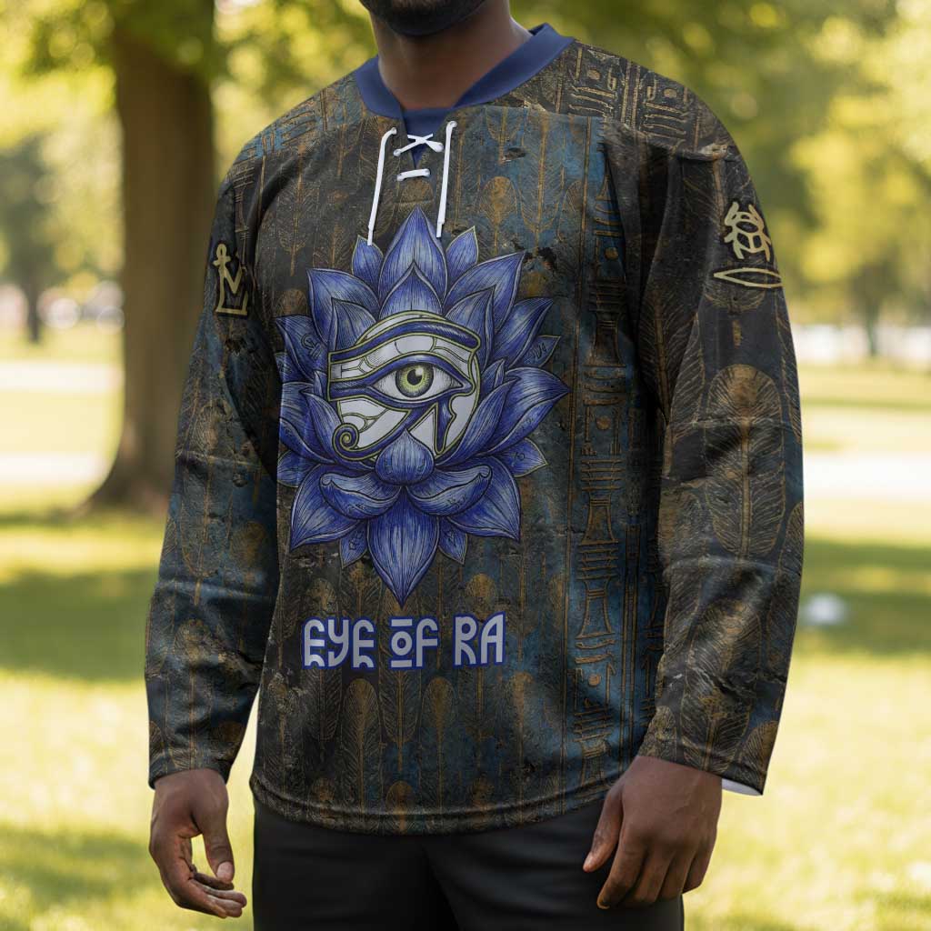 Khepri Ancient Egyptian Hockey Jersey Dark Hieroglyphic, Blue Lotus Eye Symbol, and Winged Scarab Resurrection - African Pride