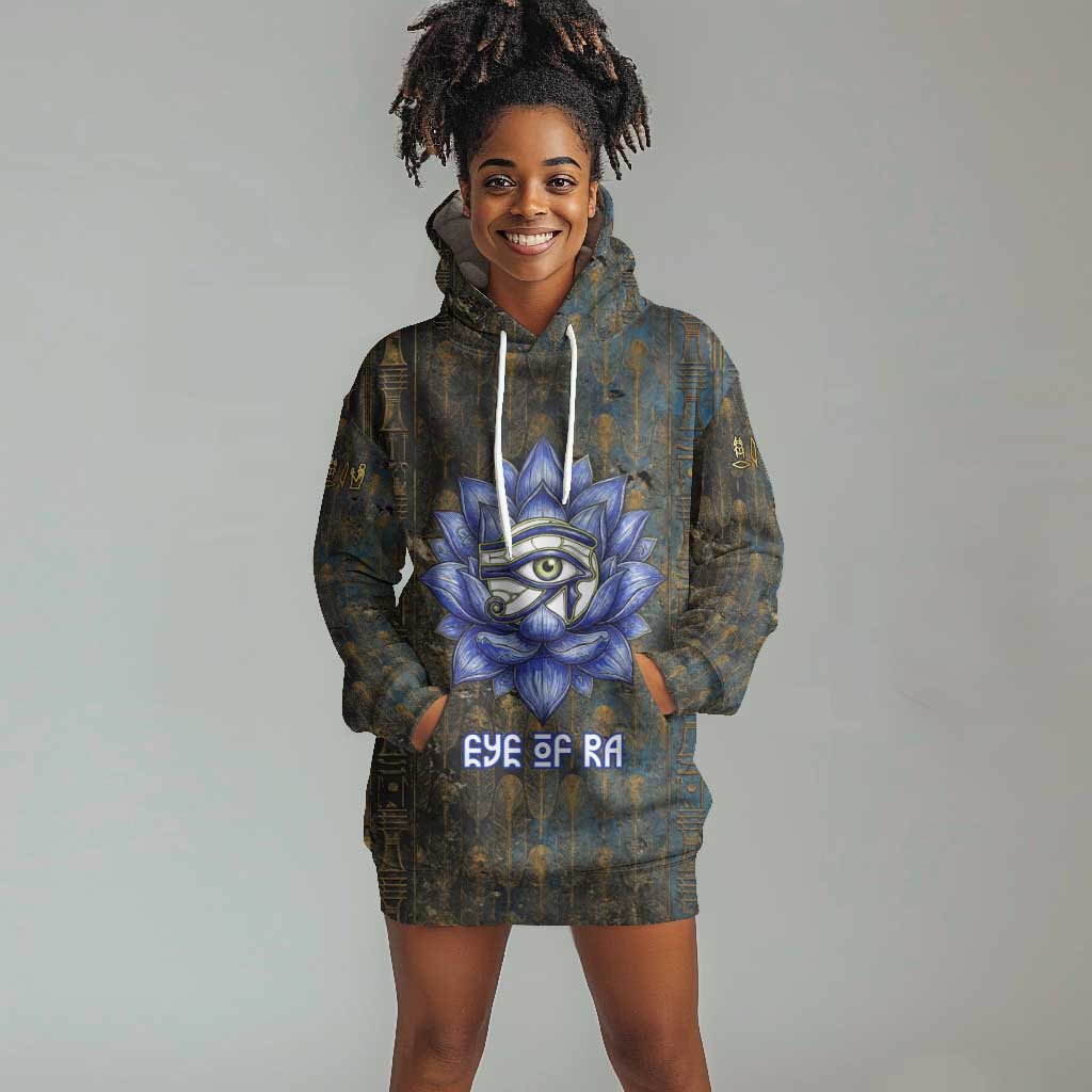 Khepri Ancient Egyptian Hoodie Dress Dark Hieroglyphic, Blue Lotus Eye Symbol, and Winged Scarab Resurrection - African Pride