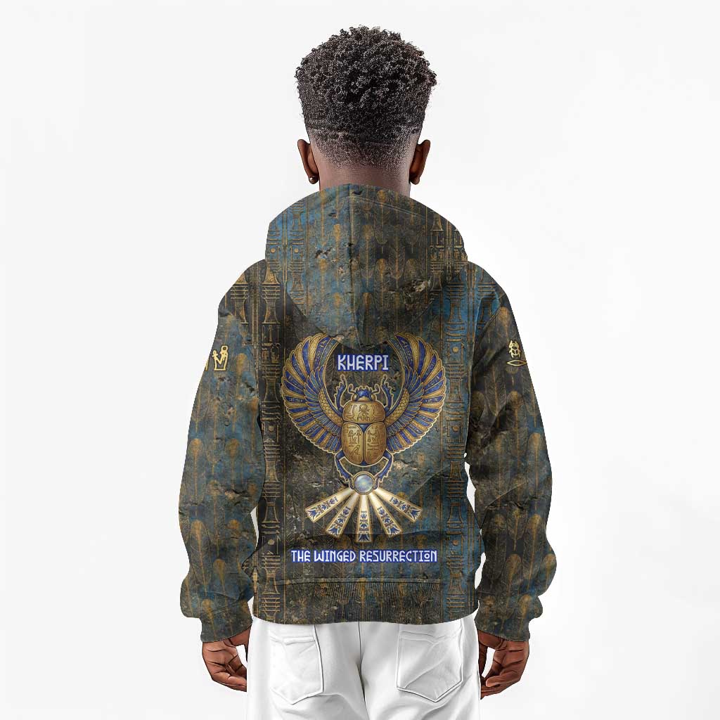 Khepri Ancient Egyptian Kid Hoodie Dark Hieroglyphic, Blue Lotus Eye Symbol, and Winged Scarab Resurrection - African Pride