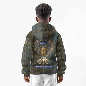 Khepri Ancient Egyptian Kid Hoodie Dark Hieroglyphic, Blue Lotus Eye Symbol, and Winged Scarab Resurrection - African Pride