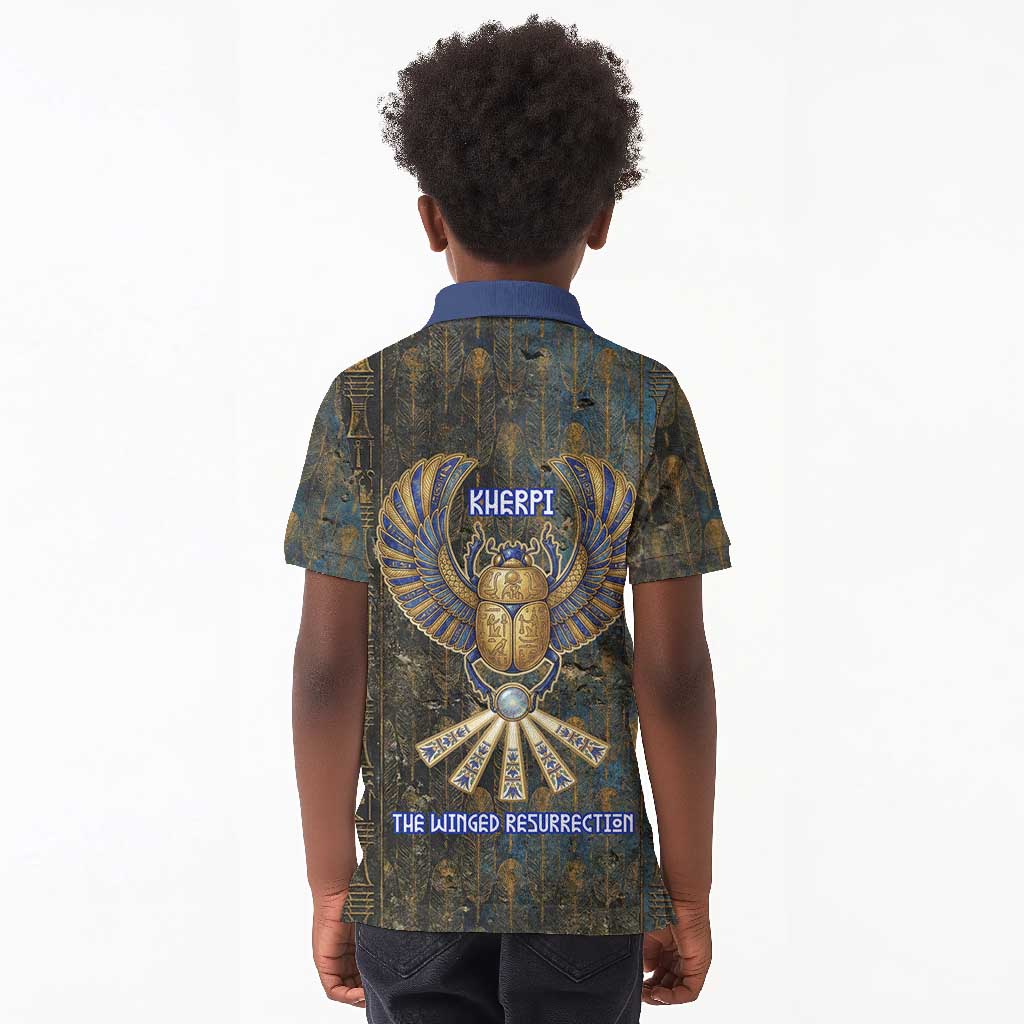 Khepri Ancient Egyptian Kid Polo Shirt Dark Hieroglyphic, Blue Lotus Eye Symbol, and Winged Scarab Resurrection - African Pride
