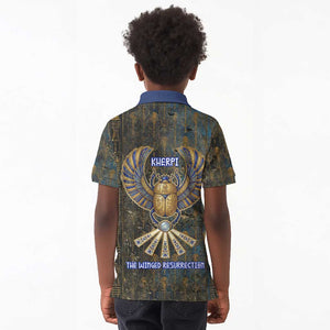 Khepri Ancient Egyptian Kid Polo Shirt Dark Hieroglyphic, Blue Lotus Eye Symbol, and Winged Scarab Resurrection - African Pride