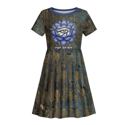 Khepri Ancient Egyptian Kid Short Sleeve Dress Dark Hieroglyphic, Blue Lotus Eye Symbol, and Winged Scarab Resurrection - African Pride