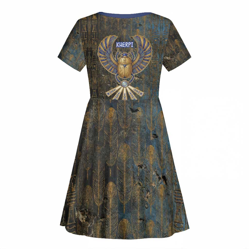 Khepri Ancient Egyptian Kid Short Sleeve Dress Dark Hieroglyphic, Blue Lotus Eye Symbol, and Winged Scarab Resurrection - African Pride