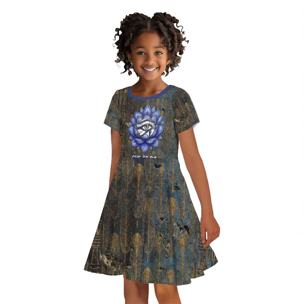 Khepri Ancient Egyptian Kid Short Sleeve Dress Dark Hieroglyphic, Blue Lotus Eye Symbol, and Winged Scarab Resurrection - African Pride