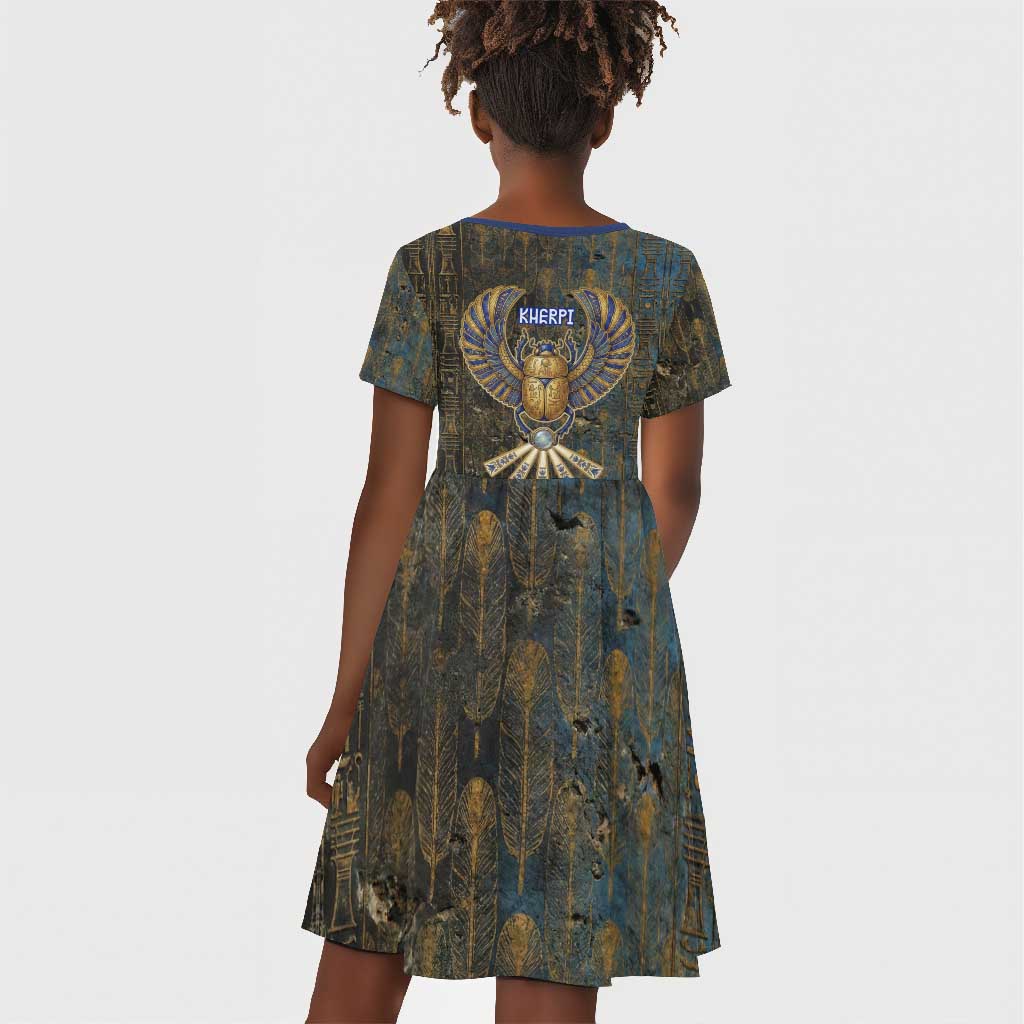 Khepri Ancient Egyptian Kid Short Sleeve Dress Dark Hieroglyphic, Blue Lotus Eye Symbol, and Winged Scarab Resurrection - African Pride