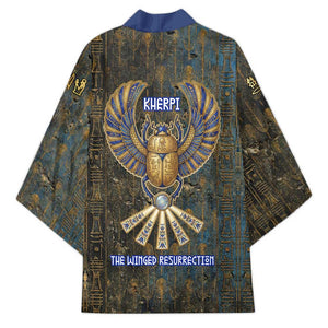 Khepri Ancient Egyptian Kimono Dark Hieroglyphic, Blue Lotus Eye Symbol, and Winged Scarab Resurrection - African Pride