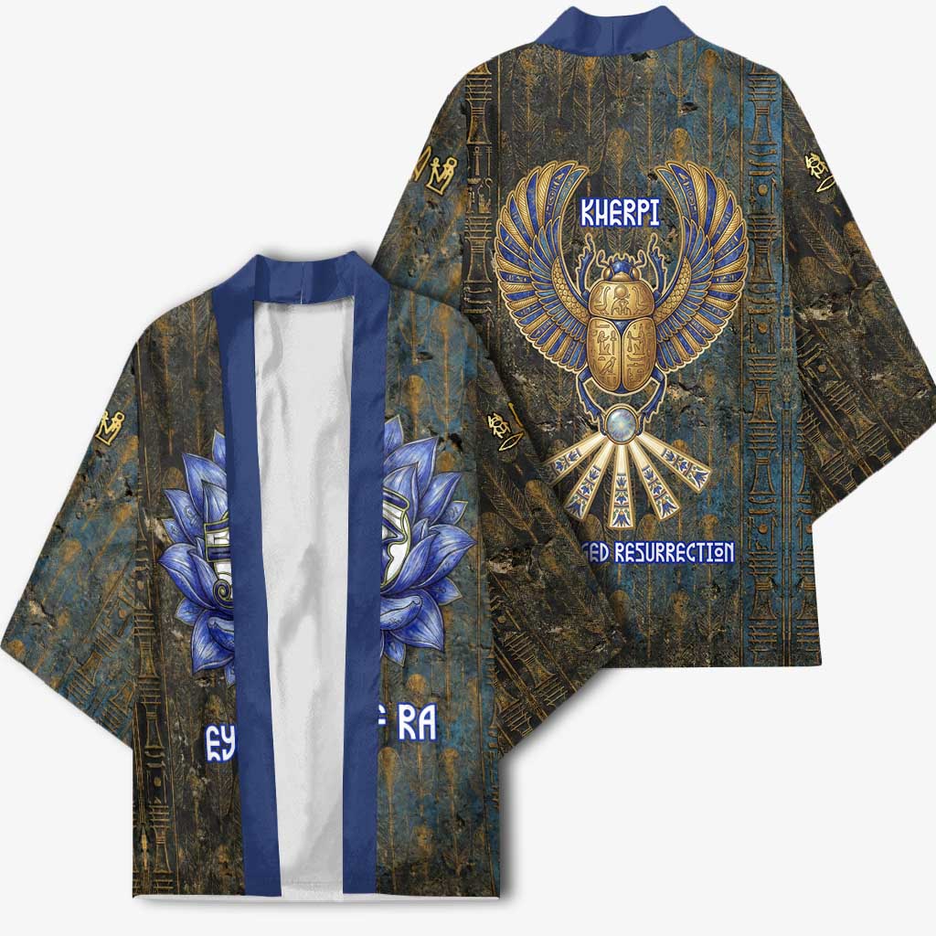 Khepri Ancient Egyptian Kimono Dark Hieroglyphic, Blue Lotus Eye Symbol, and Winged Scarab Resurrection - African Pride