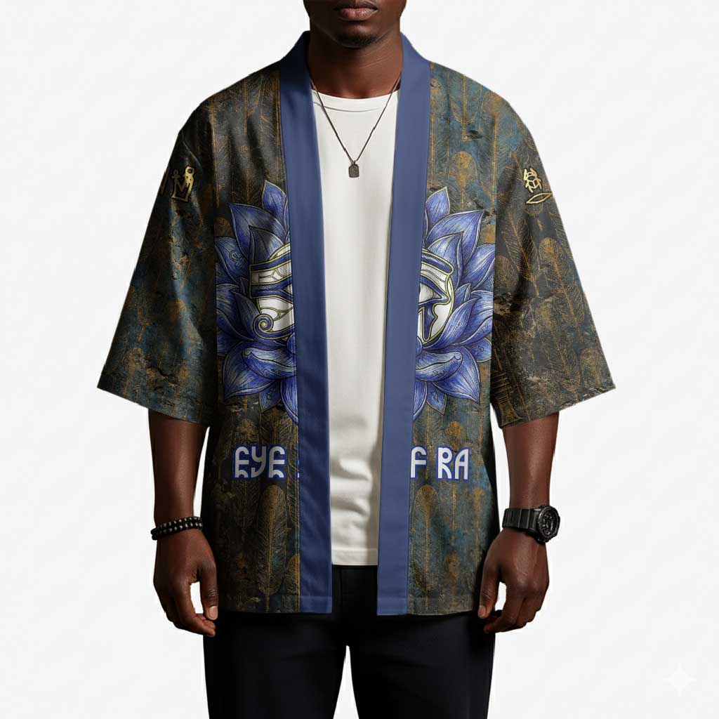 Khepri Ancient Egyptian Kimono Dark Hieroglyphic, Blue Lotus Eye Symbol, and Winged Scarab Resurrection - African Pride