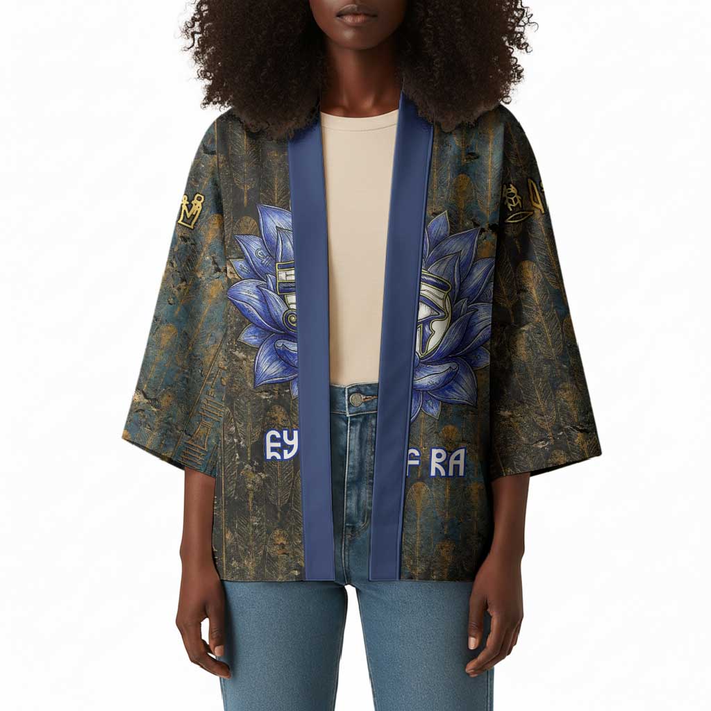 Khepri Ancient Egyptian Kimono Dark Hieroglyphic, Blue Lotus Eye Symbol, and Winged Scarab Resurrection - African Pride