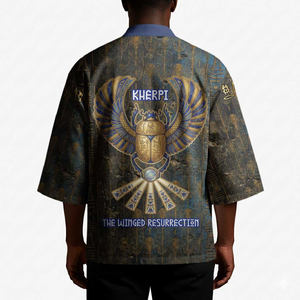 Khepri Ancient Egyptian Kimono Dark Hieroglyphic, Blue Lotus Eye Symbol, and Winged Scarab Resurrection - African Pride