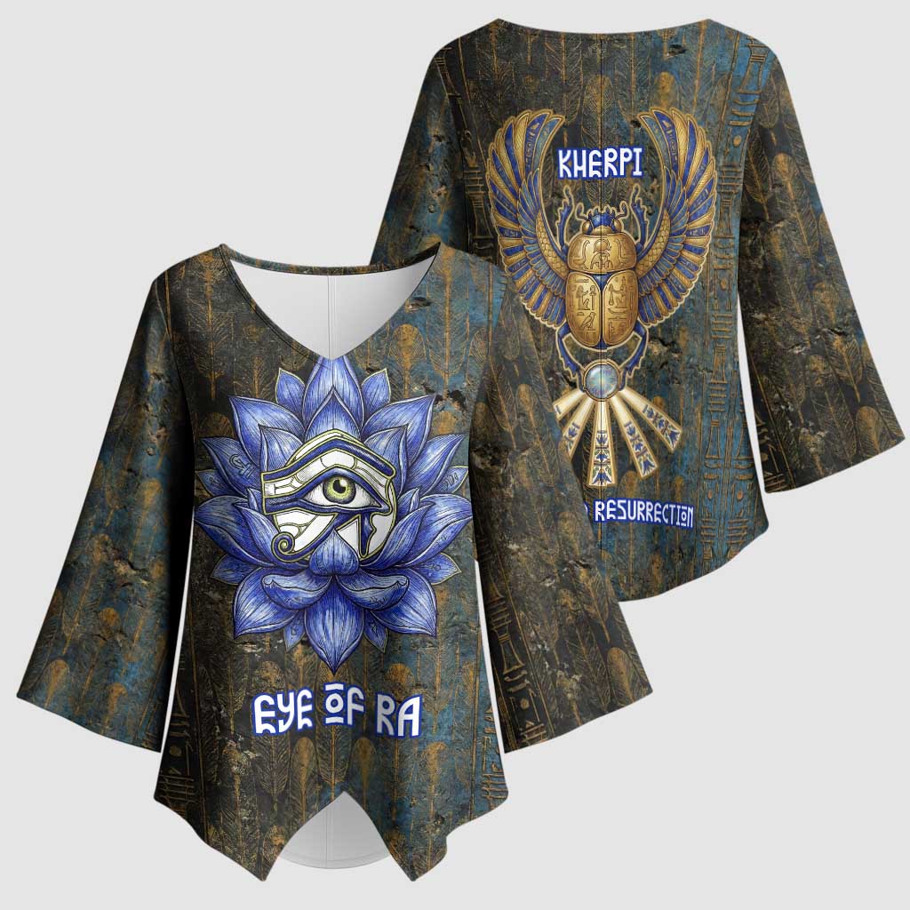 Khepri Ancient Egyptian Kimono Sleeve Blouse Dark Hieroglyphic, Blue Lotus Eye Symbol, and Winged Scarab Resurrection - African Pride