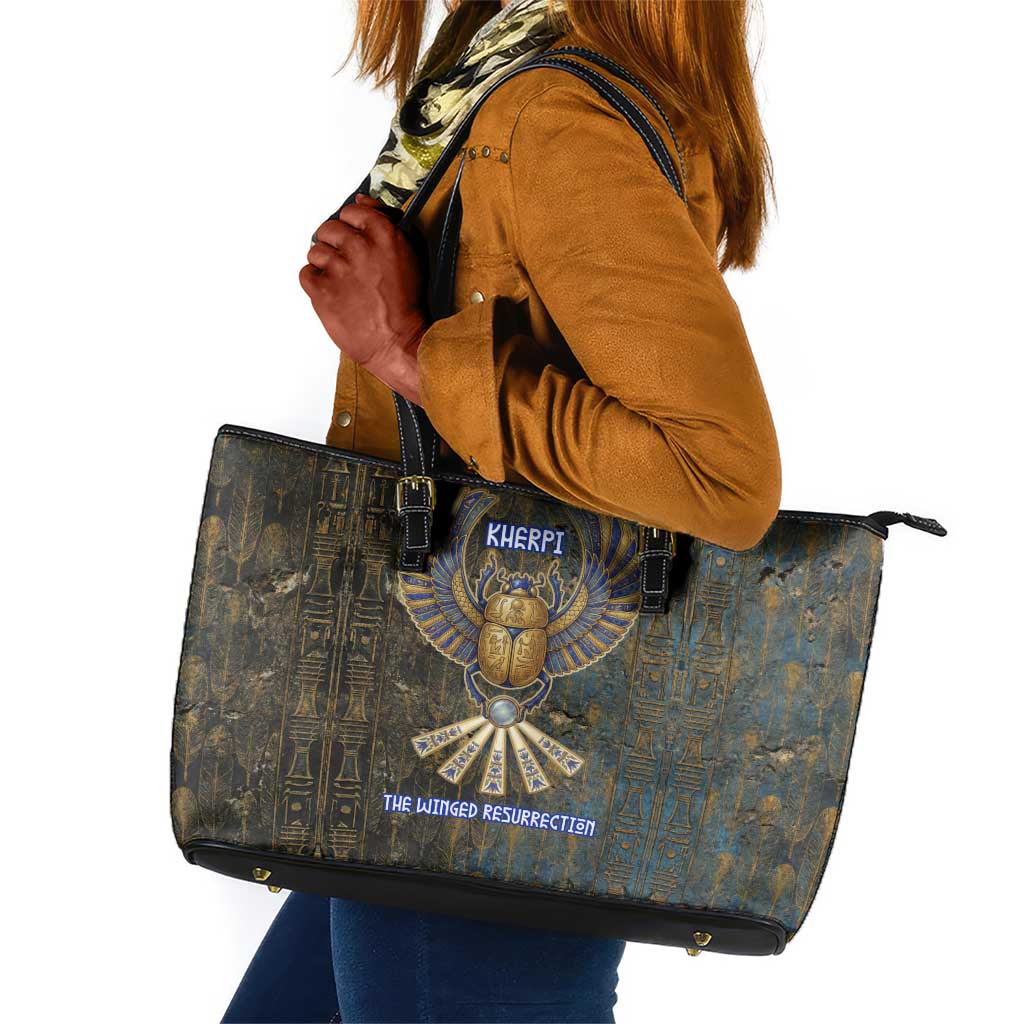 Khepri Ancient Egyptian Leather Tote Bag Dark Hieroglyphic, Blue Lotus Eye Symbol, and Winged Scarab Resurrection - African Pride