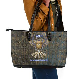 Khepri Ancient Egyptian Leather Tote Bag Dark Hieroglyphic, Blue Lotus Eye Symbol, and Winged Scarab Resurrection - African Pride