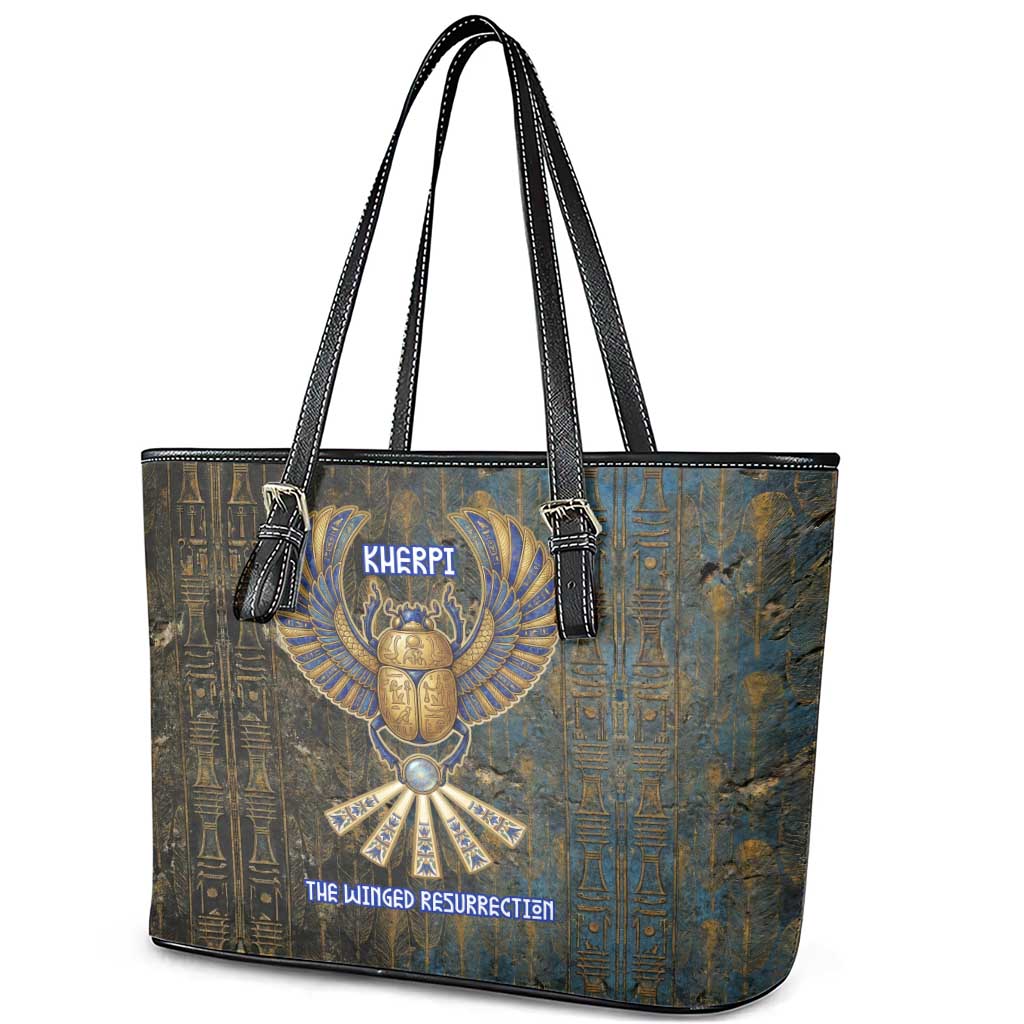 Khepri Ancient Egyptian Leather Tote Bag Dark Hieroglyphic, Blue Lotus Eye Symbol, and Winged Scarab Resurrection - African Pride