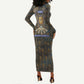 Khepri Ancient Egyptian Long Sleeve Bodycon Dress Dark Hieroglyphic, Blue Lotus Eye Symbol, and Winged Scarab Resurrection - African Pride