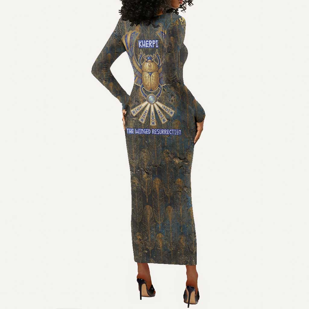 Khepri Ancient Egyptian Long Sleeve Bodycon Dress Dark Hieroglyphic, Blue Lotus Eye Symbol, and Winged Scarab Resurrection - African Pride