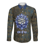 Khepri Ancient Egyptian Long Sleeve Button Shirt Dark Hieroglyphic, Blue Lotus Eye Symbol, and Winged Scarab Resurrection - African Pride