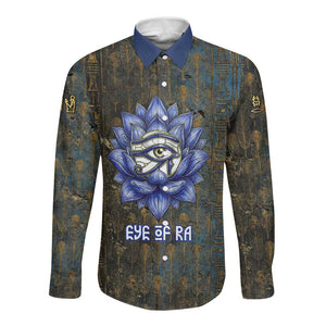 Khepri Ancient Egyptian Long Sleeve Button Shirt Dark Hieroglyphic, Blue Lotus Eye Symbol, and Winged Scarab Resurrection - African Pride