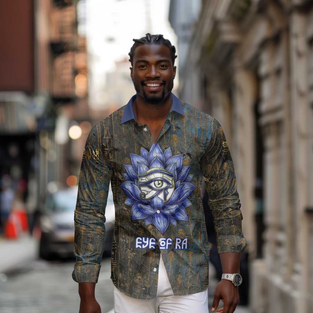 Khepri Ancient Egyptian Long Sleeve Button Shirt Dark Hieroglyphic, Blue Lotus Eye Symbol, and Winged Scarab Resurrection - African Pride