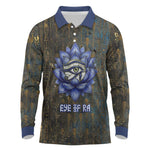 Khepri Ancient Egyptian Long Sleeve Polo Shirt Dark Hieroglyphic, Blue Lotus Eye Symbol, and Winged Scarab Resurrection - African Pride