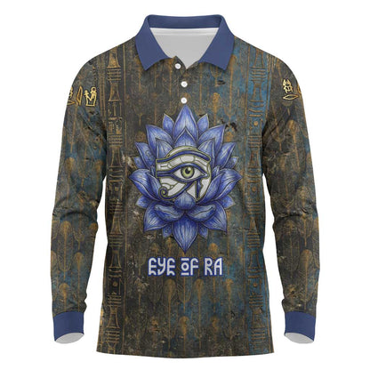 Khepri Ancient Egyptian Long Sleeve Polo Shirt Dark Hieroglyphic, Blue Lotus Eye Symbol, and Winged Scarab Resurrection - African Pride