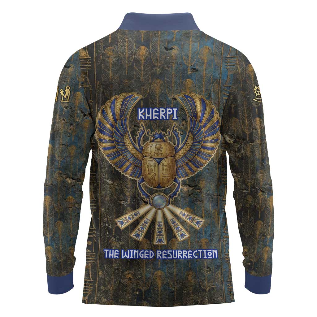 Khepri Ancient Egyptian Long Sleeve Polo Shirt Dark Hieroglyphic, Blue Lotus Eye Symbol, and Winged Scarab Resurrection - African Pride