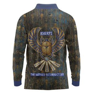 Khepri Ancient Egyptian Long Sleeve Polo Shirt Dark Hieroglyphic, Blue Lotus Eye Symbol, and Winged Scarab Resurrection - African Pride