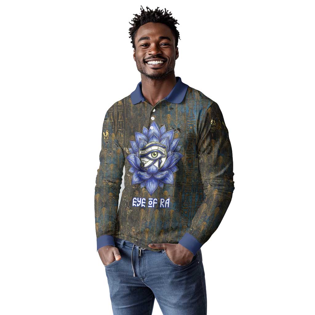 Khepri Ancient Egyptian Long Sleeve Polo Shirt Dark Hieroglyphic, Blue Lotus Eye Symbol, and Winged Scarab Resurrection - African Pride
