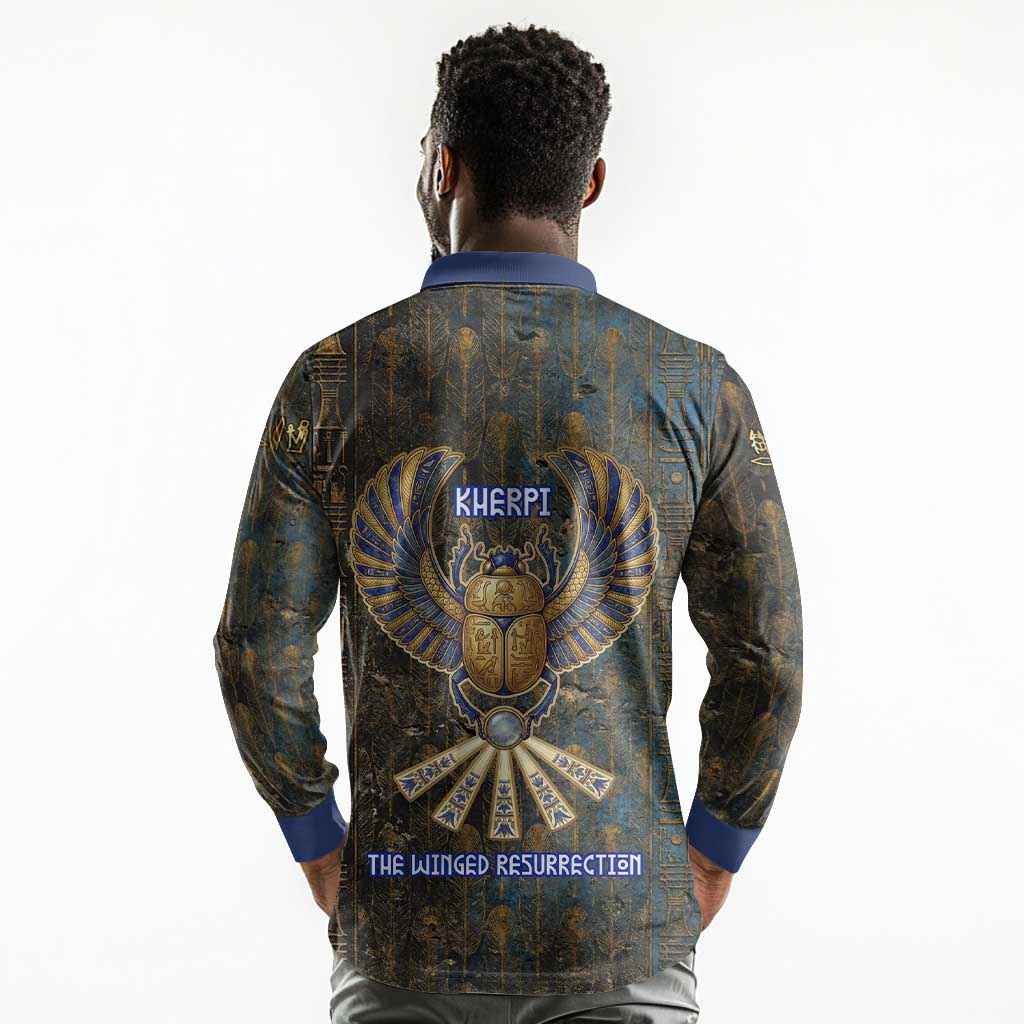 Khepri Ancient Egyptian Long Sleeve Polo Shirt Dark Hieroglyphic, Blue Lotus Eye Symbol, and Winged Scarab Resurrection - African Pride