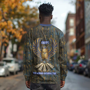 Khepri Ancient Egyptian Long Sleeve Shirt Dark Hieroglyphic, Blue Lotus Eye Symbol, and Winged Scarab Resurrection - African Pride