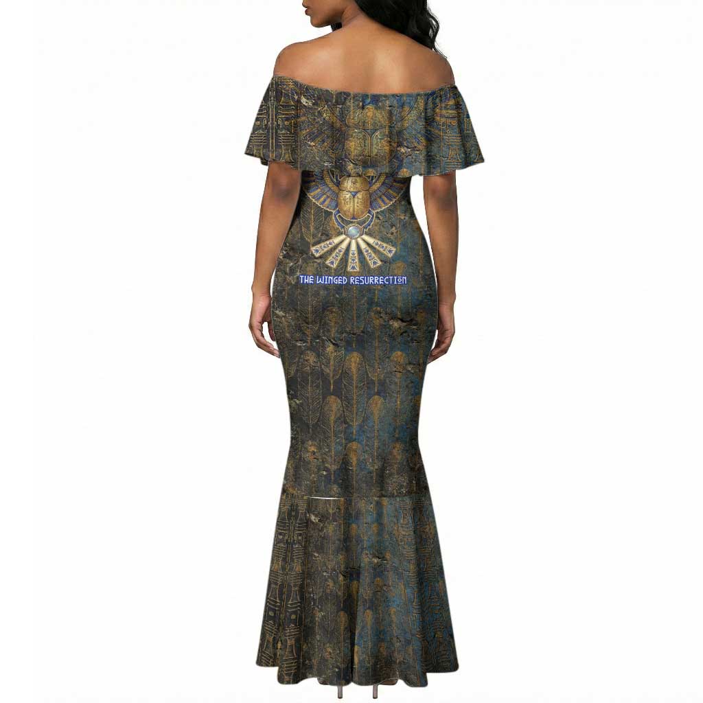 Khepri Ancient Egyptian Mermaid Dress Dark Hieroglyphic, Blue Lotus Eye Symbol, and Winged Scarab Resurrection - African Pride