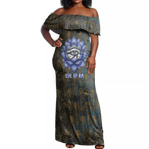 Khepri Ancient Egyptian Off Shoulder Maxi Dress Dark Hieroglyphic, Blue Lotus Eye Symbol, and Winged Scarab Resurrection - African Pride