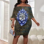 Khepri Ancient Egyptian Off Shoulder Short Dress Dark Hieroglyphic, Blue Lotus Eye Symbol, and Winged Scarab Resurrection - African Pride