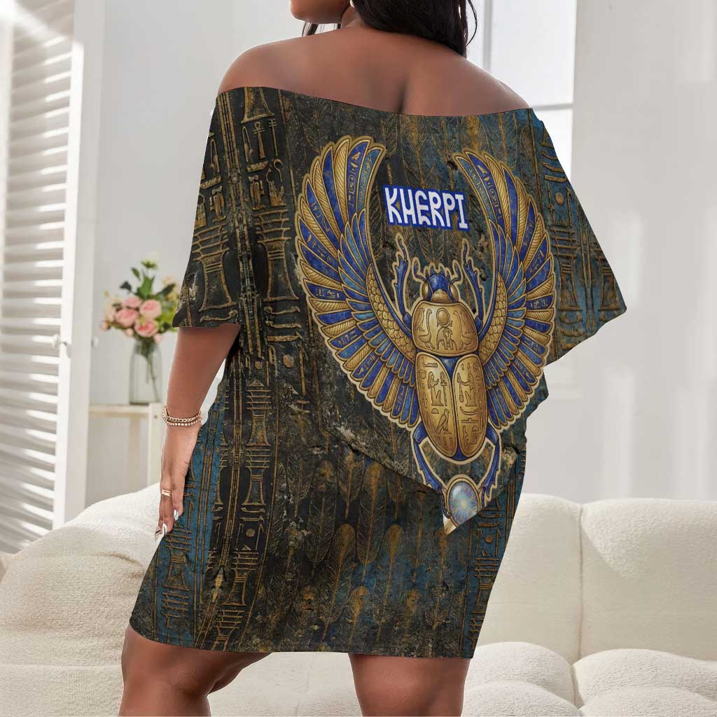 Khepri Ancient Egyptian Off Shoulder Short Dress Dark Hieroglyphic, Blue Lotus Eye Symbol, and Winged Scarab Resurrection - African Pride