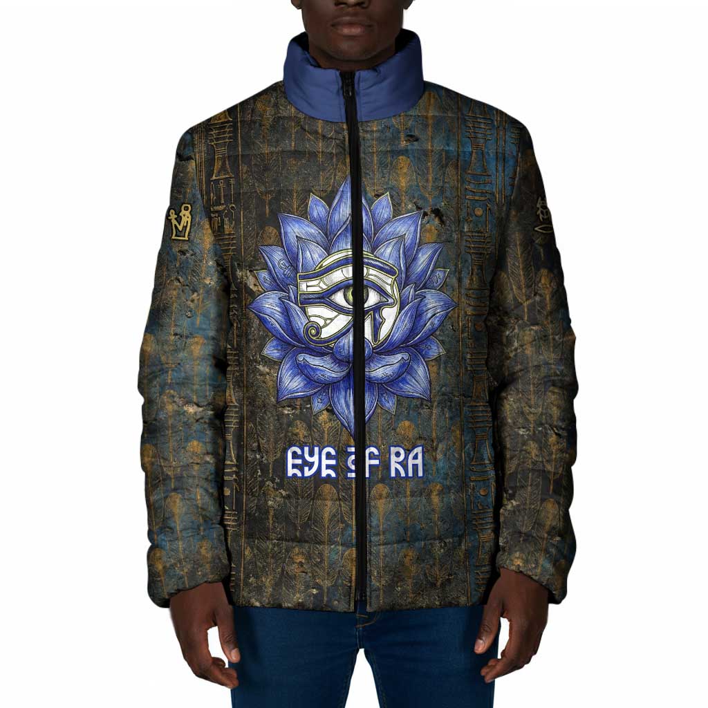 Khepri Ancient Egyptian Padded Jacket Dark Hieroglyphic, Blue Lotus Eye Symbol, and Winged Scarab Resurrection - African Pride