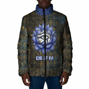Khepri Ancient Egyptian Padded Jacket Dark Hieroglyphic, Blue Lotus Eye Symbol, and Winged Scarab Resurrection - African Pride
