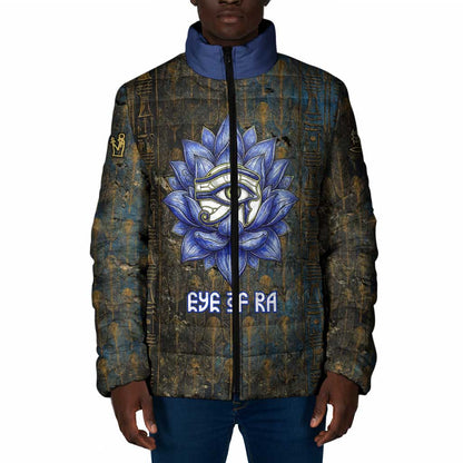 Khepri Ancient Egyptian Padded Jacket Dark Hieroglyphic, Blue Lotus Eye Symbol, and Winged Scarab Resurrection - African Pride