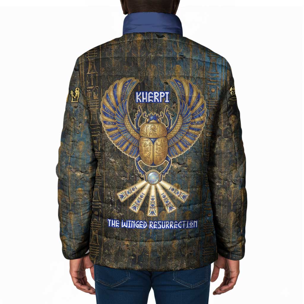 Khepri Ancient Egyptian Padded Jacket Dark Hieroglyphic, Blue Lotus Eye Symbol, and Winged Scarab Resurrection - African Pride