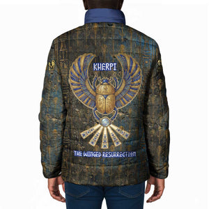 Khepri Ancient Egyptian Padded Jacket Dark Hieroglyphic, Blue Lotus Eye Symbol, and Winged Scarab Resurrection - African Pride
