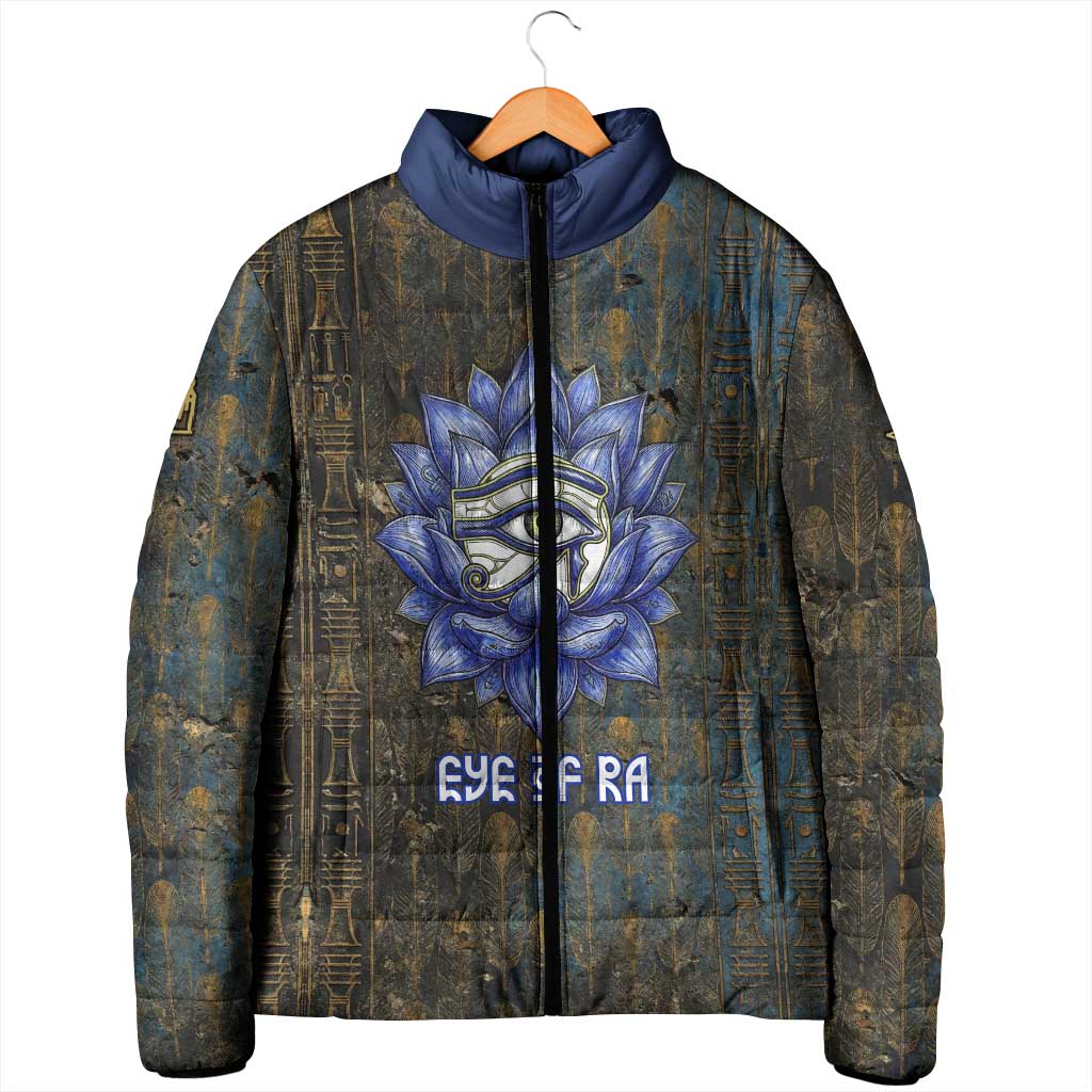 Khepri Ancient Egyptian Padded Jacket Dark Hieroglyphic, Blue Lotus Eye Symbol, and Winged Scarab Resurrection - African Pride
